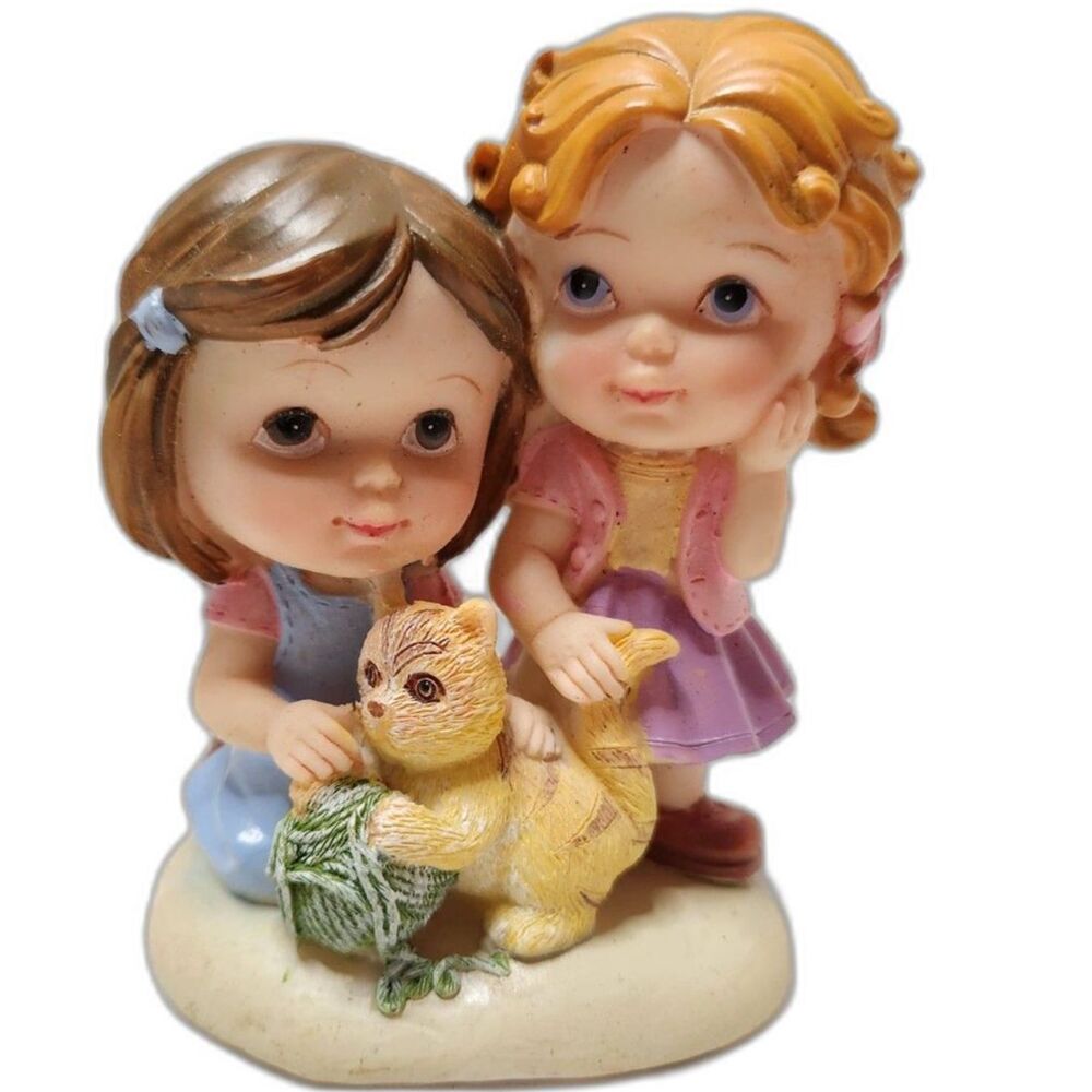 Tender Times Figurine – Two Girls with Cat & Yarn – Collectible Home Decor